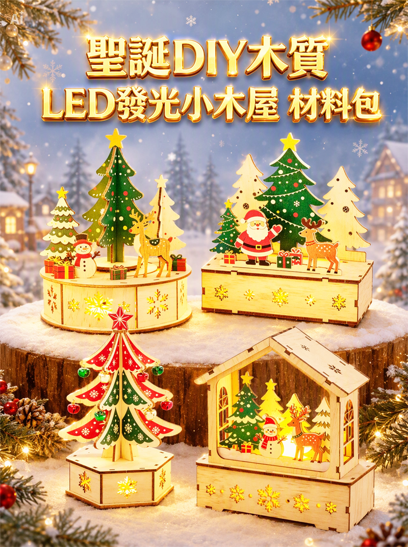 聖誕DIY木質LED發光小木屋  材料包 NY2662