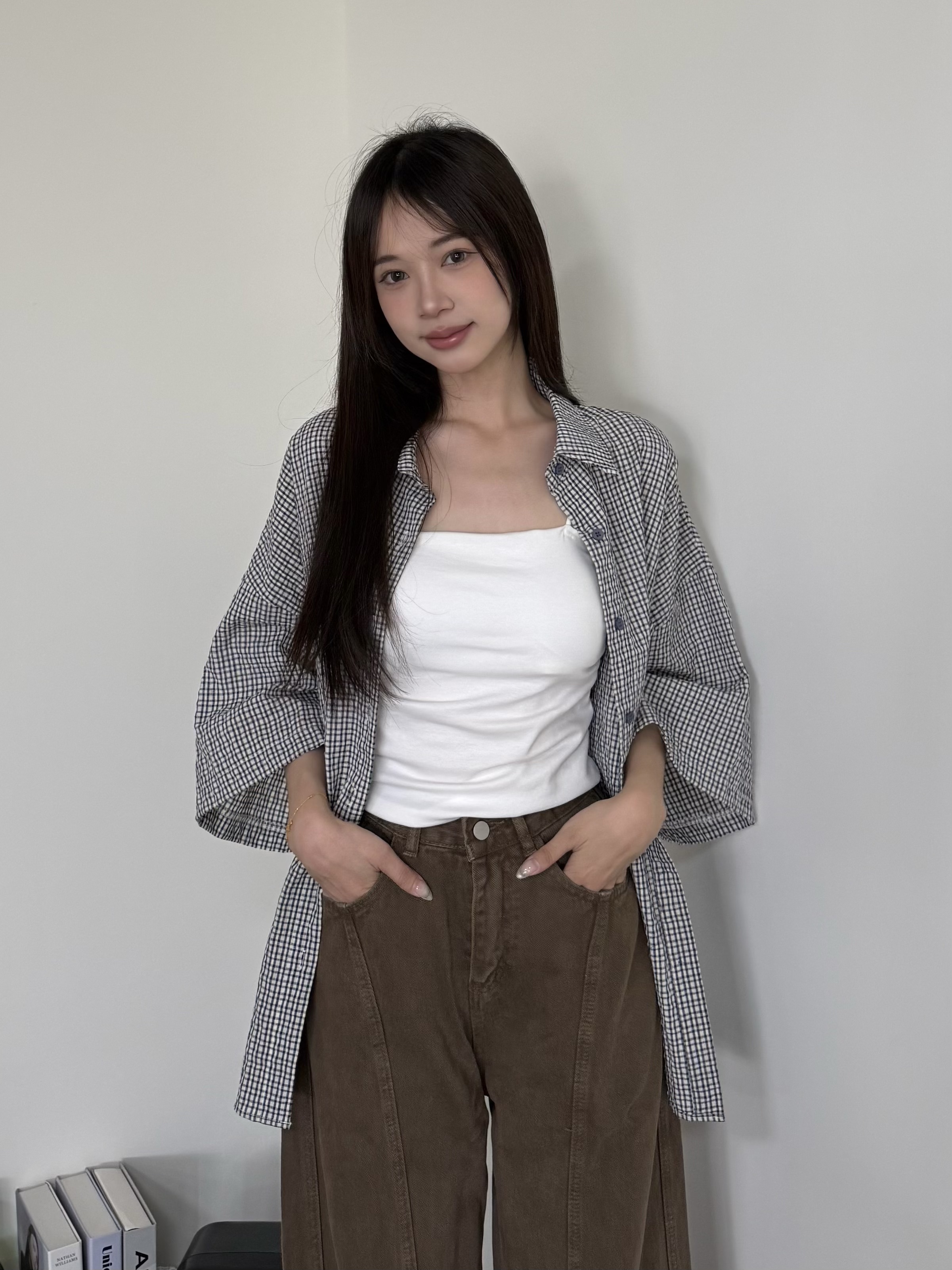 立體格紋單邊口袋寬鬆大大件襯衫