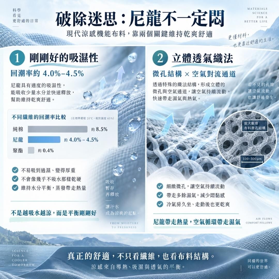 尼龍機能布料透氣原理圖,解析適度吸濕與立體透氣織法為什麼能維持乾爽不悶熱。