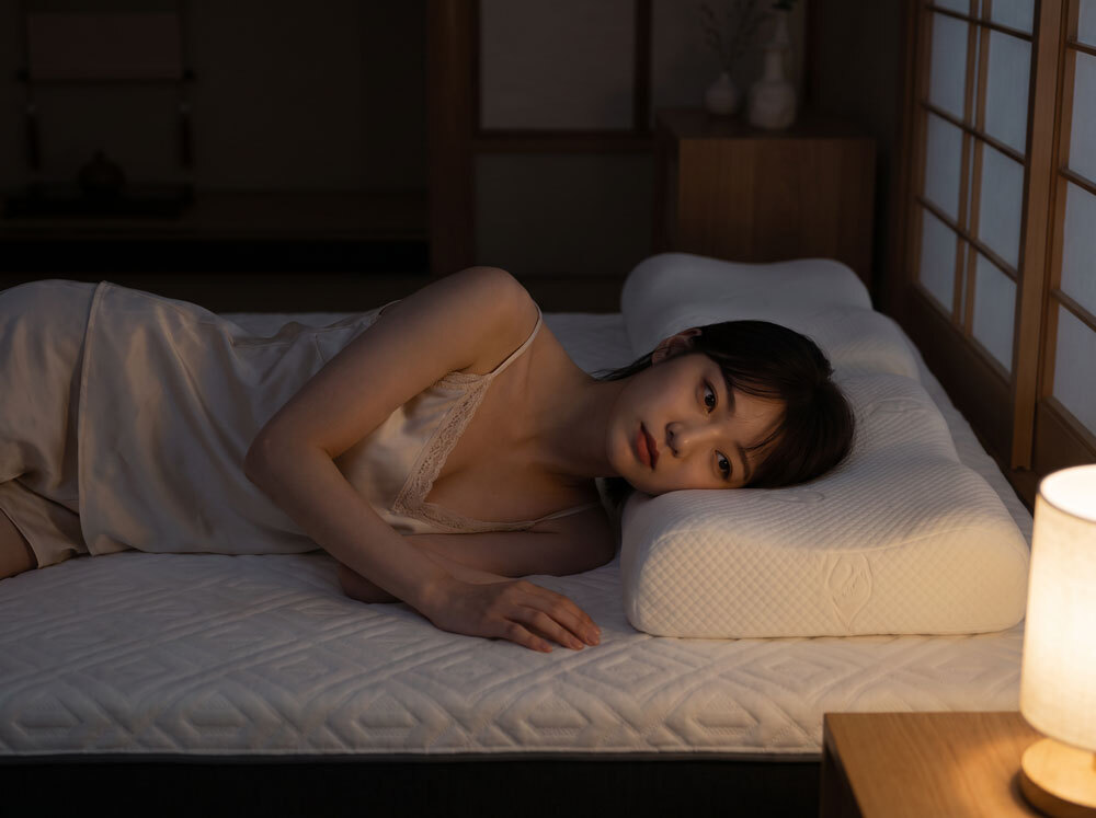 女性側躺記無法入眠_深夜和室_米色細肩帶睡衣