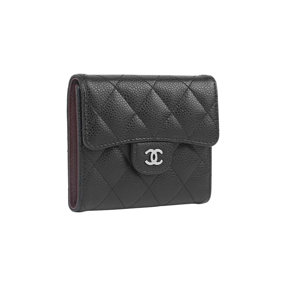 【CHANEL】銀色CC Logo 菱格紋荔枝牛皮三折短夾(黑色)
