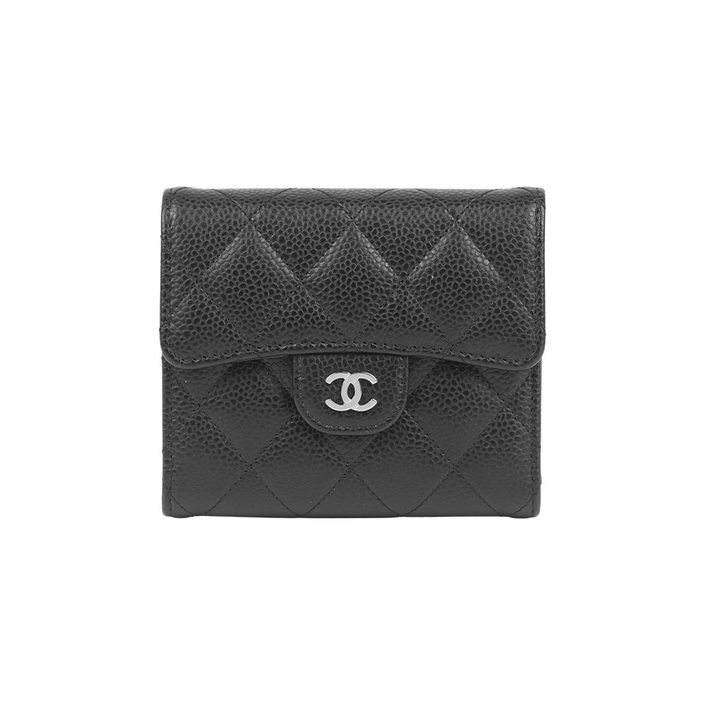 【CHANEL】銀色CC Logo 菱格紋荔枝牛皮三折短夾(黑色)