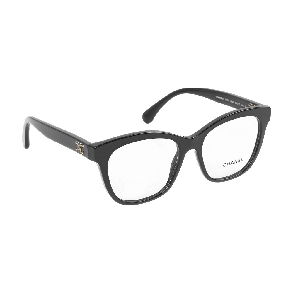 【CHANEL】黑字金邊CC Logo 方形平光眼鏡 54mm (黑色)