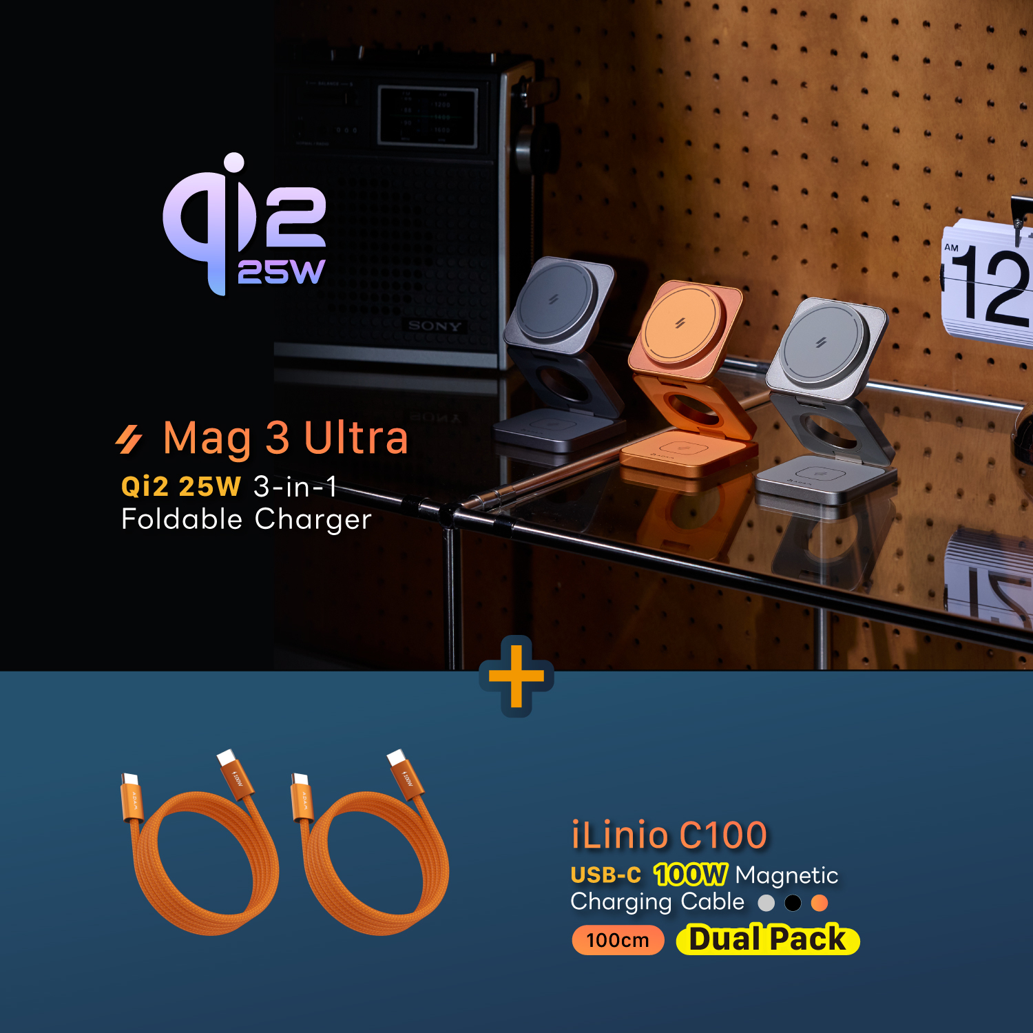 Mag 3 Ultra Qi2 25W 3-in-1 Foldable Charger + iLinio C100 USB-C to USB-C 100W Magnetic Charging Cable (2-Pack)