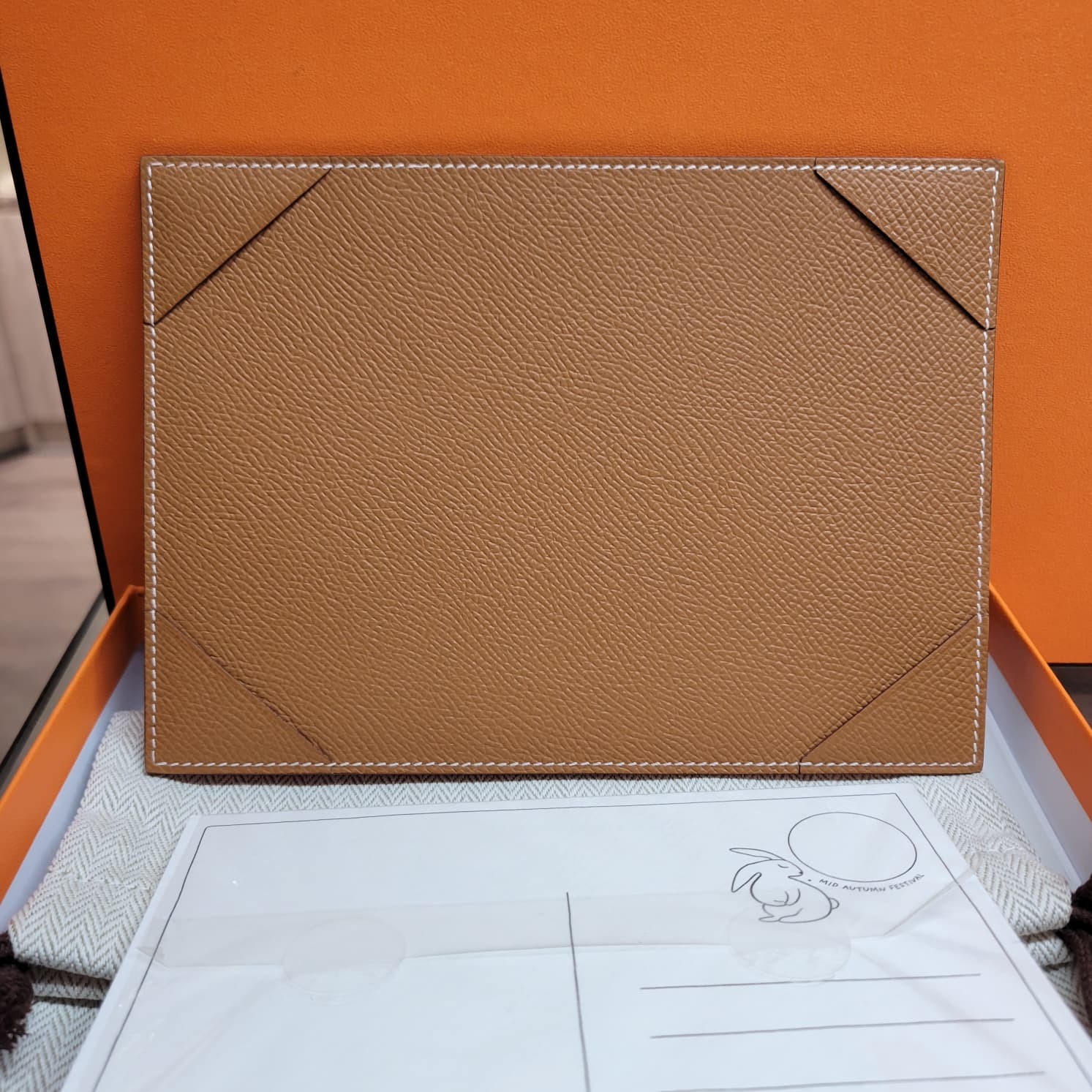 HERMES VIP MID-AUTUMN FESTIVAL GIFT BOX LEATHER POSTCARD SLEEVER GOLD EPSOM 皮革明信片套