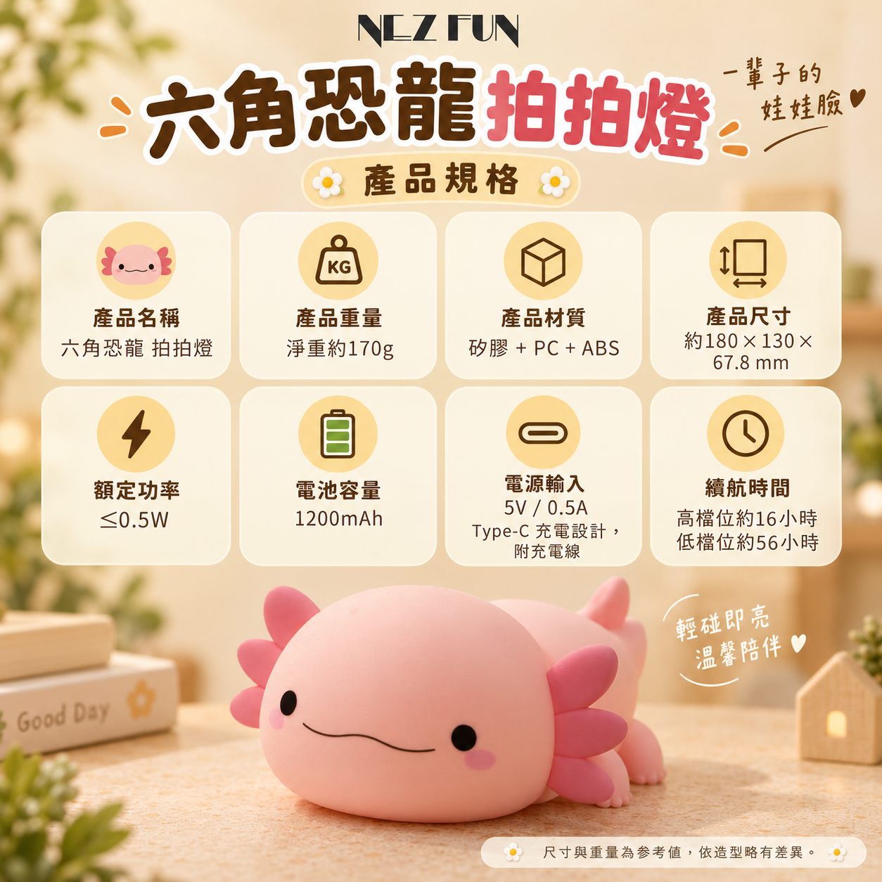 NEZ FUN 六角恐龍拍拍燈產品規格圖，重量約170g、尺寸約180×130×67.8mm、1200mAh電池、Type-C充電、強光續航約16小時、弱光約56小時