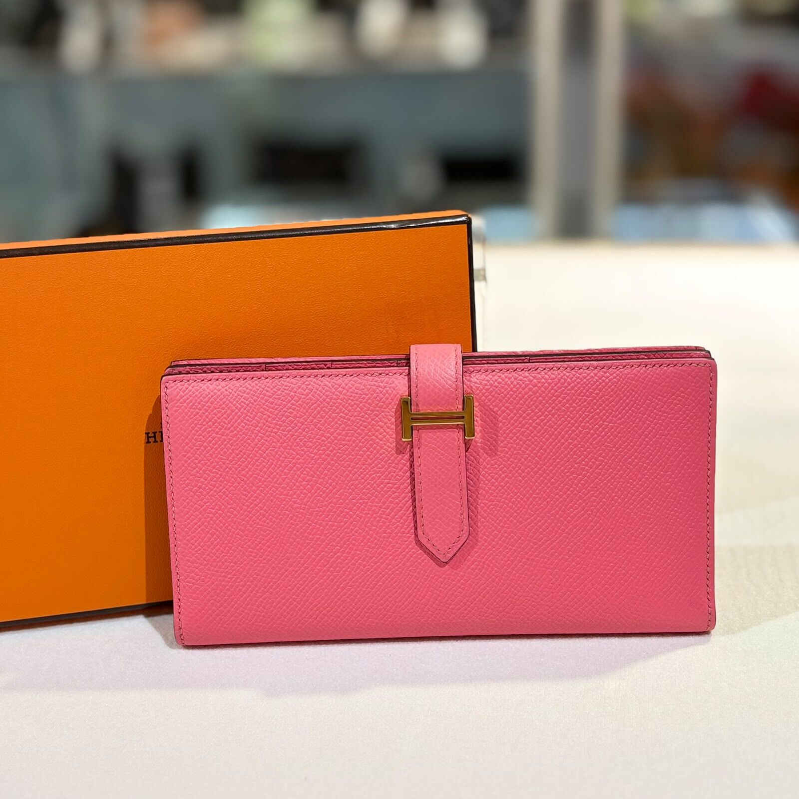 99%NEW二手HERMES BEARN LONG WALLET A刻 8W EPSOM 唇膏粉金扣 #香榭站正品