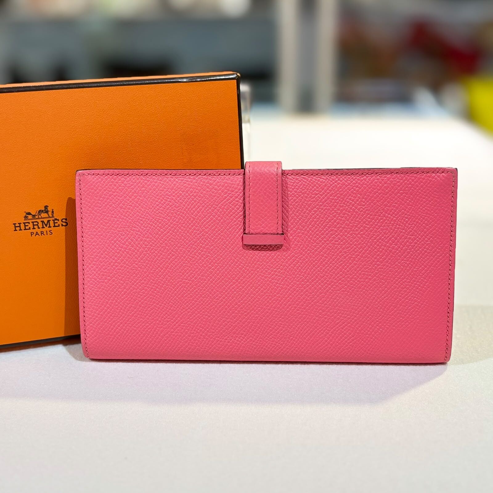 99%NEW二手HERMES BEARN LONG WALLET A刻 8W EPSOM 唇膏粉金扣 #香榭站正品