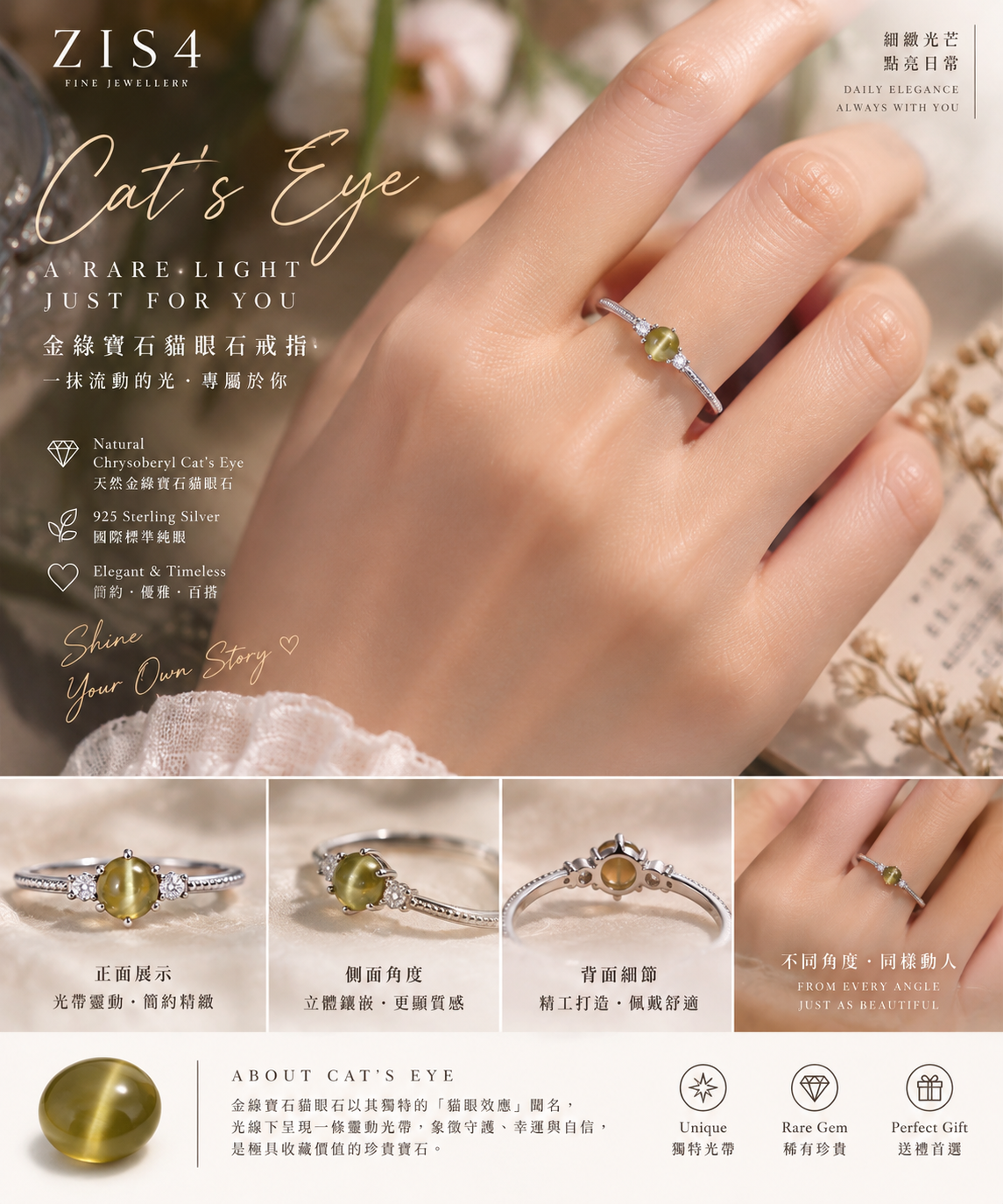 EX056  (僅限已購買EJ074 EJ075 金綠寶石貓眼客人) 孖八設計款 銀925訂製戒指配兩粒LG鑽石（約0.1ct) 貓眼石用6爪。培育鑽石用四爪）