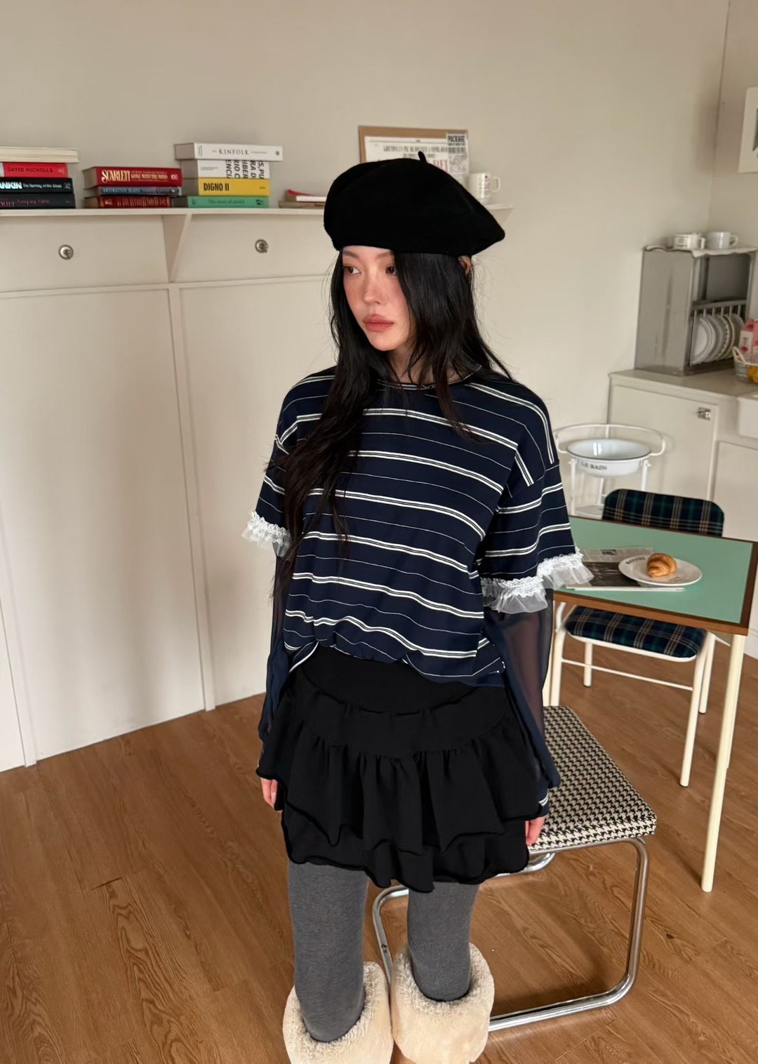 橫條拼接紗袖T