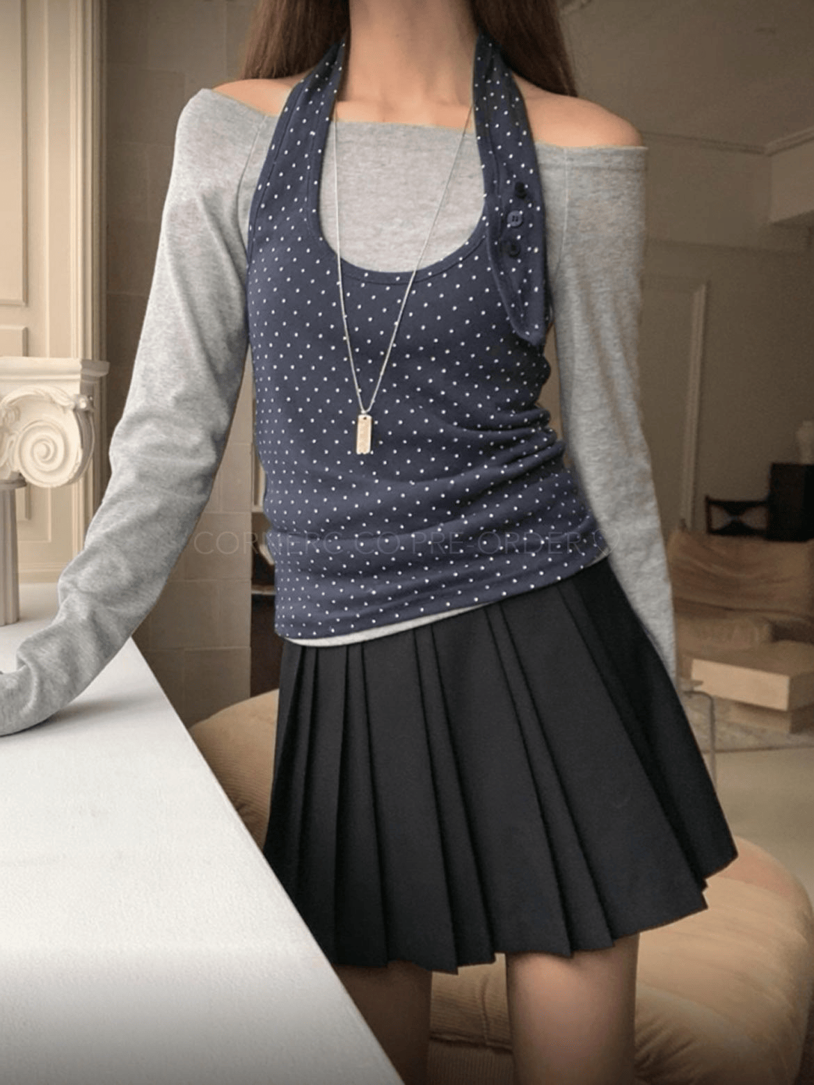 【網站限定優惠】Dot Halter with Button～Two Piece Top Set