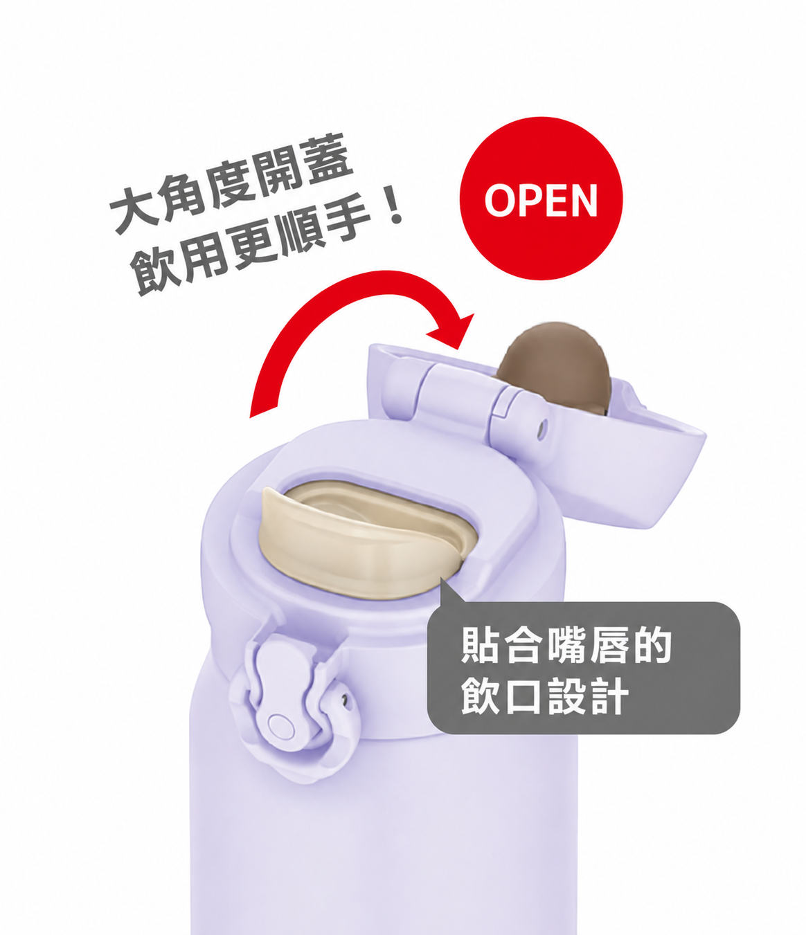 THERMOS JNL-S 大角度開蓋及貼合嘴唇飲口設計