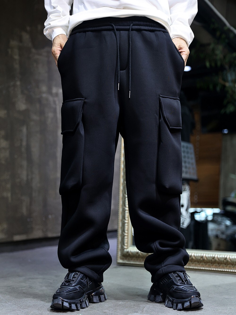 Wide-leg neoprene utility trousers