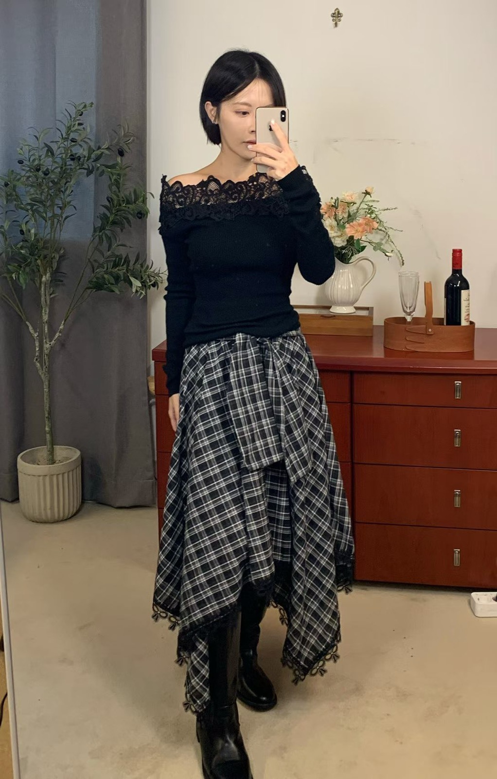 格子不規則綁袖蝴蝶結蕾絲裙