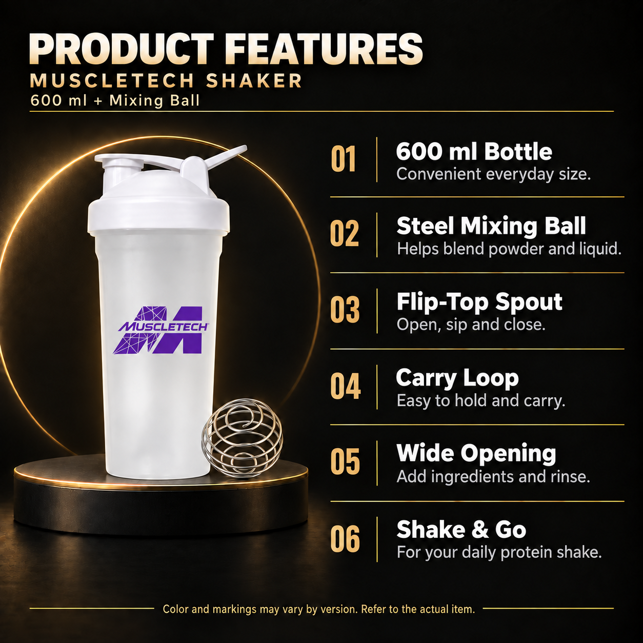 MuscleTech 600 ml shaker features