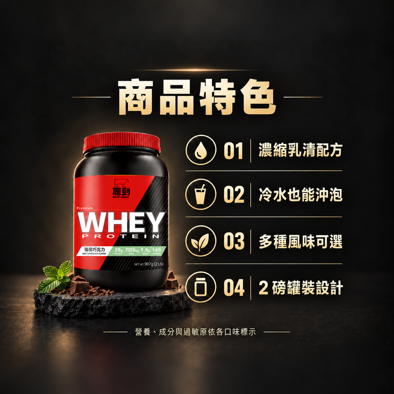 紅牛聰勁商品特色：濃縮乳清、冷水沖泡、多種風味、2磅罐裝