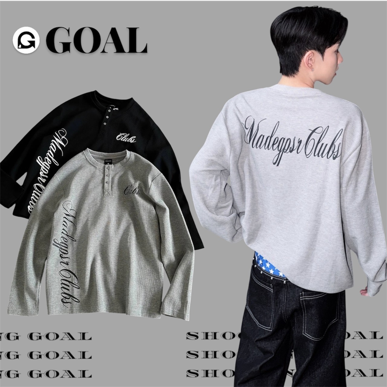 (GOAL) 華夫格亨利領長袖 短寬版型 T3201