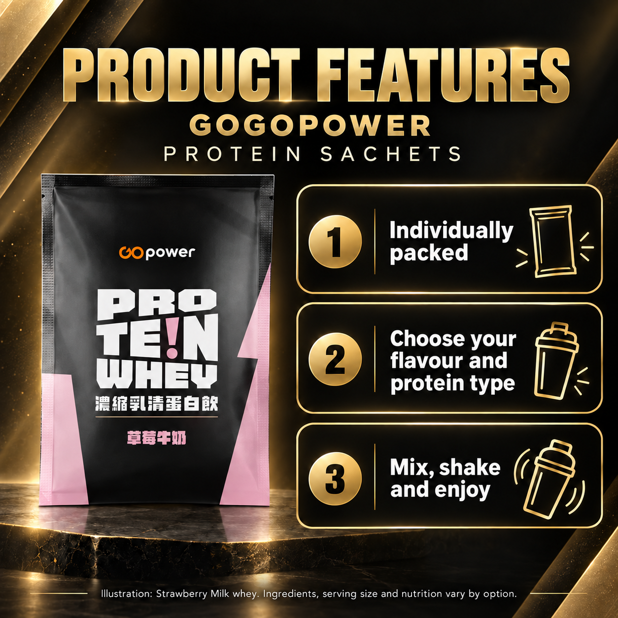 GOGOPOWER Protein Sachets | Whey & Casein Options Features EN