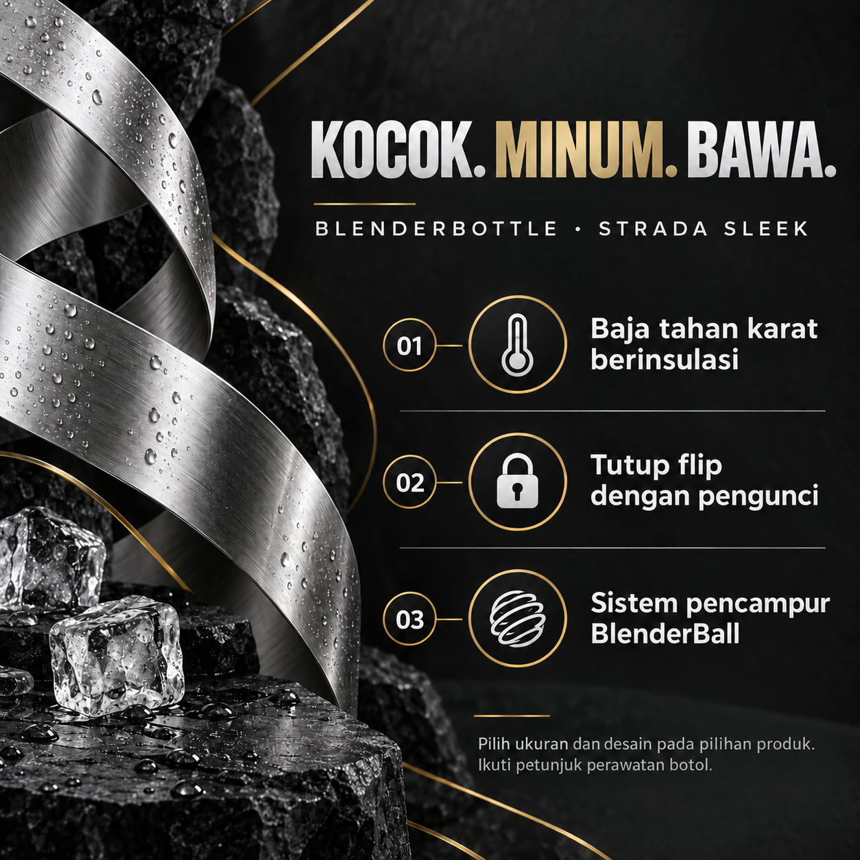 BlenderBottle Strada Sleek Shaker Baja Tahan Karat Features ID