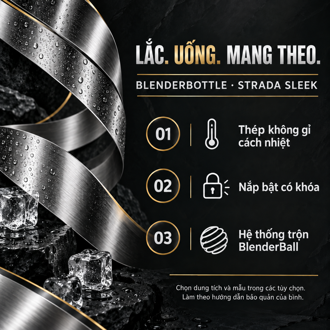 BlenderBottle Strada Sleek Bình Lắc Thép Không Gỉ Features VI