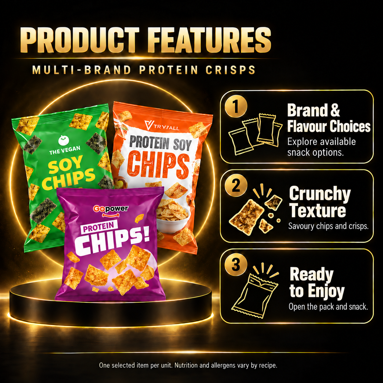 Multi-brand protein chips and crisps en features