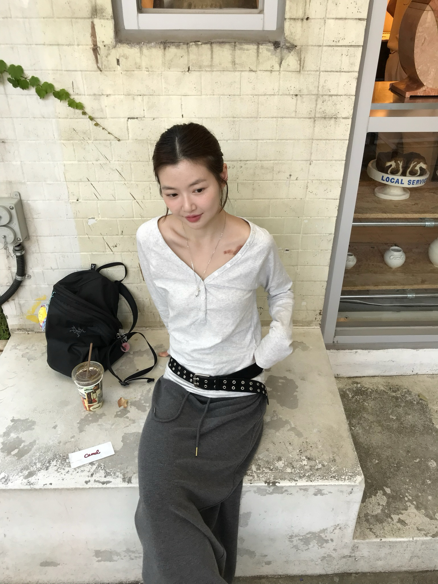 現貨！彈性棉排釦上衣(淺灰/黑)