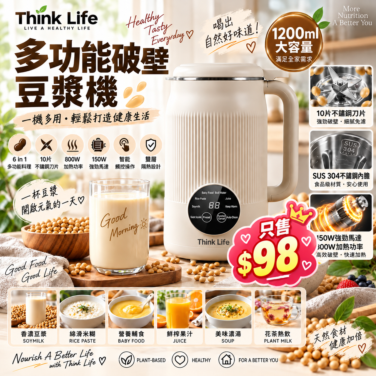 【UB10267】Think Life多功能破壁豆漿機高效多功能破壁料理機