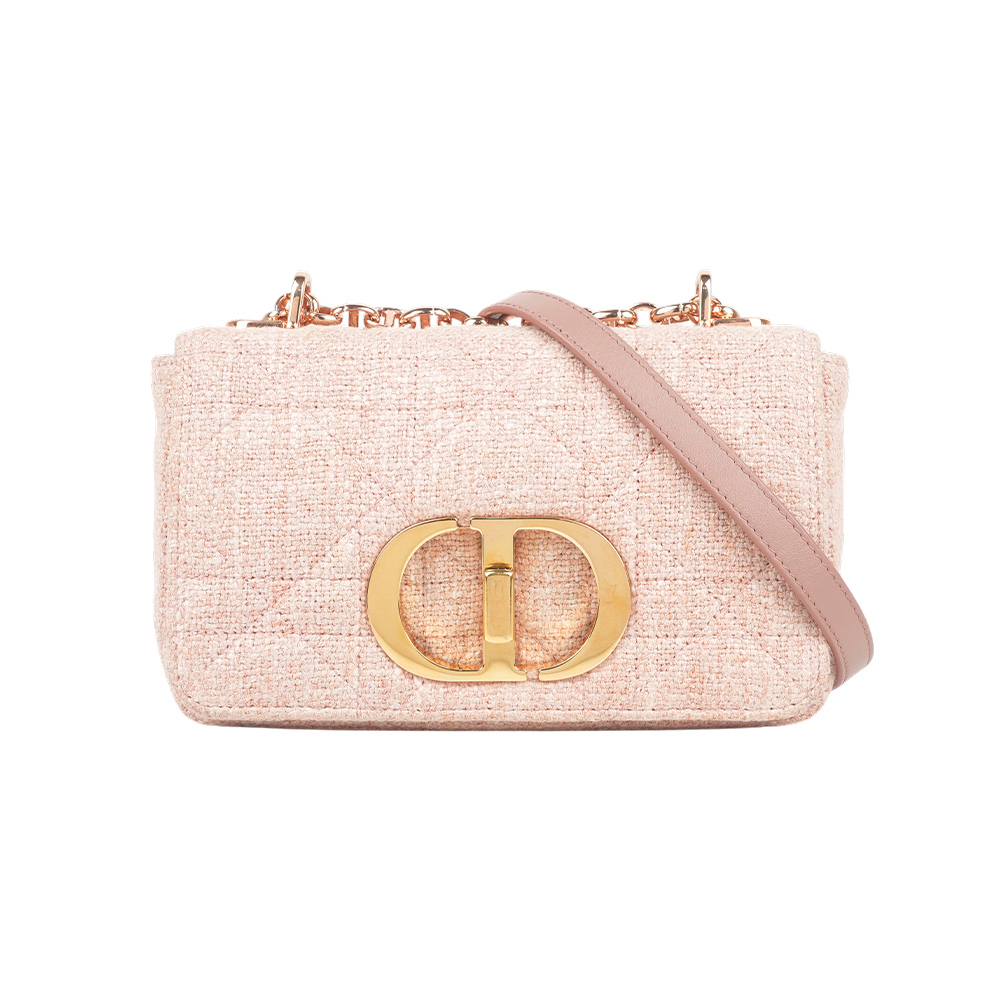 【CHRISTIAN DIOR】Caro 玫瑰金釦亞麻藤格紋縫線斜背包(粉紅色)