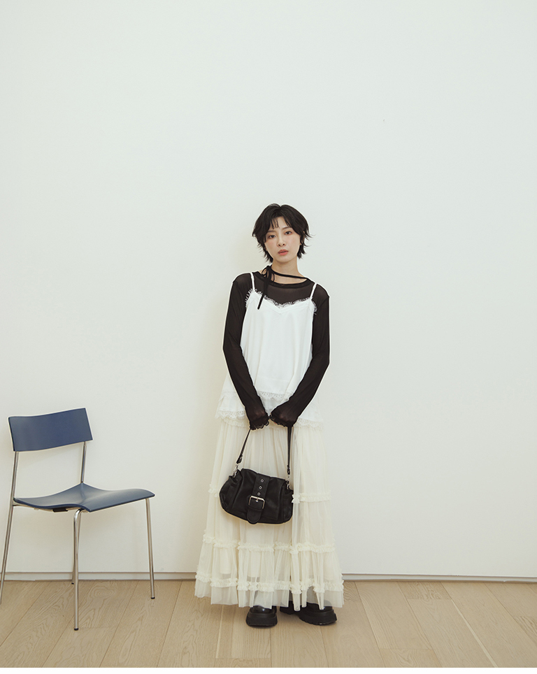Asymmetrical tie-up elastic mesh top - black【01099936】in stock+pre-order