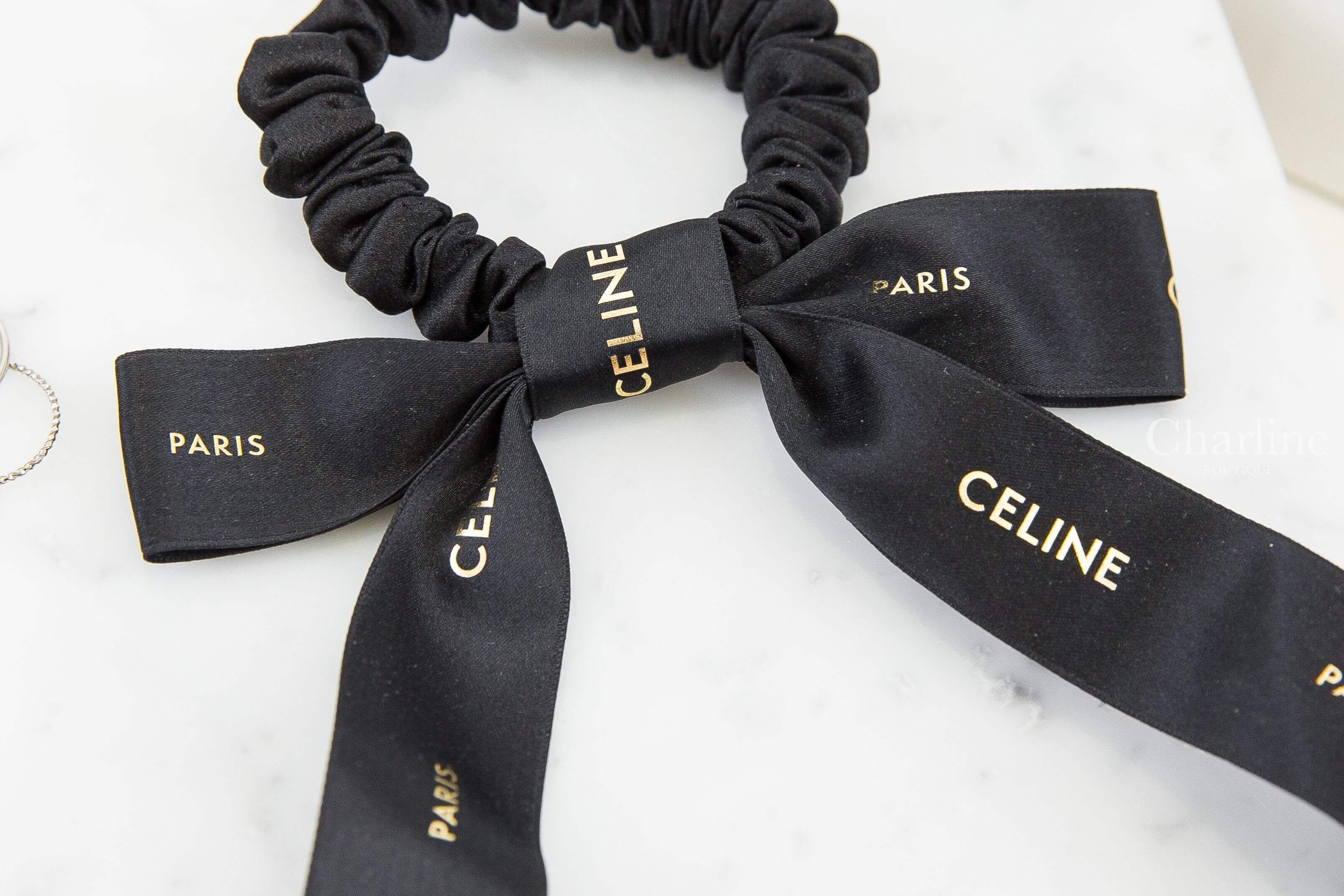 Celine Celine Small Bow Scrunchy In Silk 黑色金字蝴蝶結絲質髮束