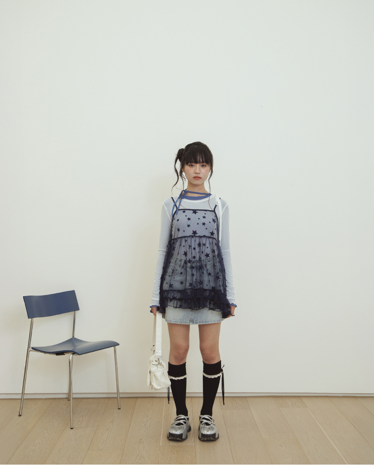 Asymmetrical tie-up elastic mesh top - off-white【01099937】in stock+pre-order