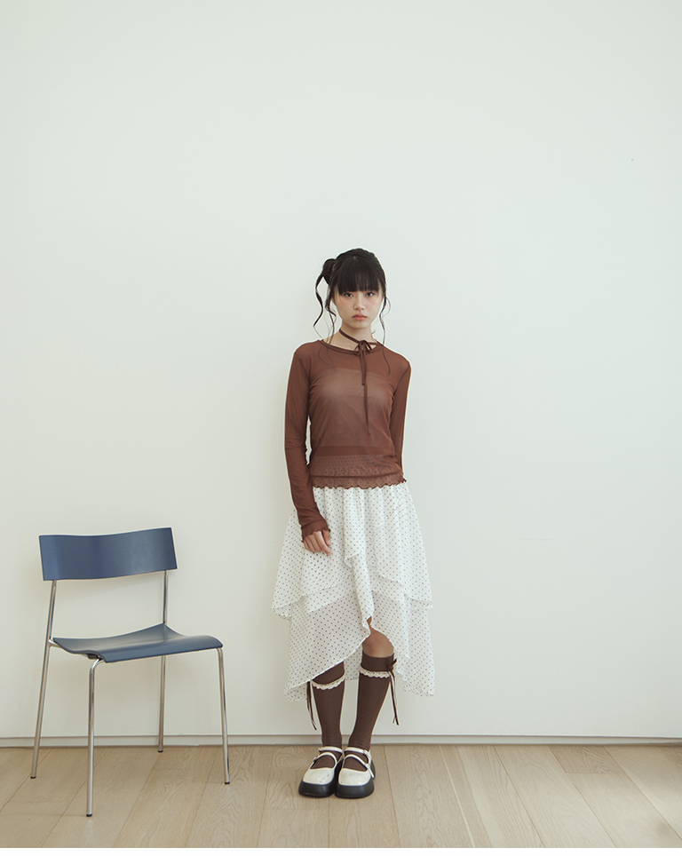 Asymmetrical tie-up elastic mesh top - coffee【01099938】in stock+pre-order