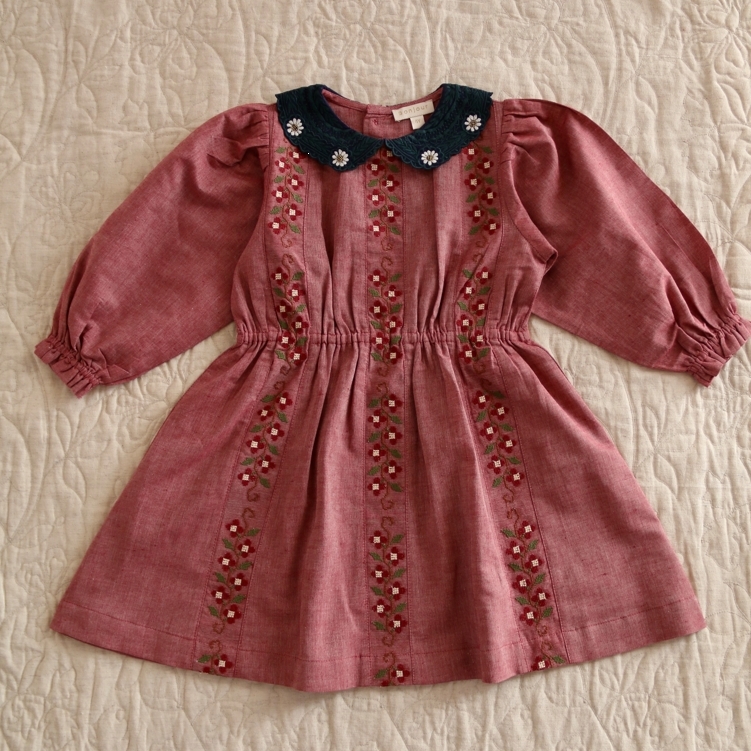 BONJOUR DIARY 條紋花卉撞色領洋裝 Embroidered dress - Red chambray