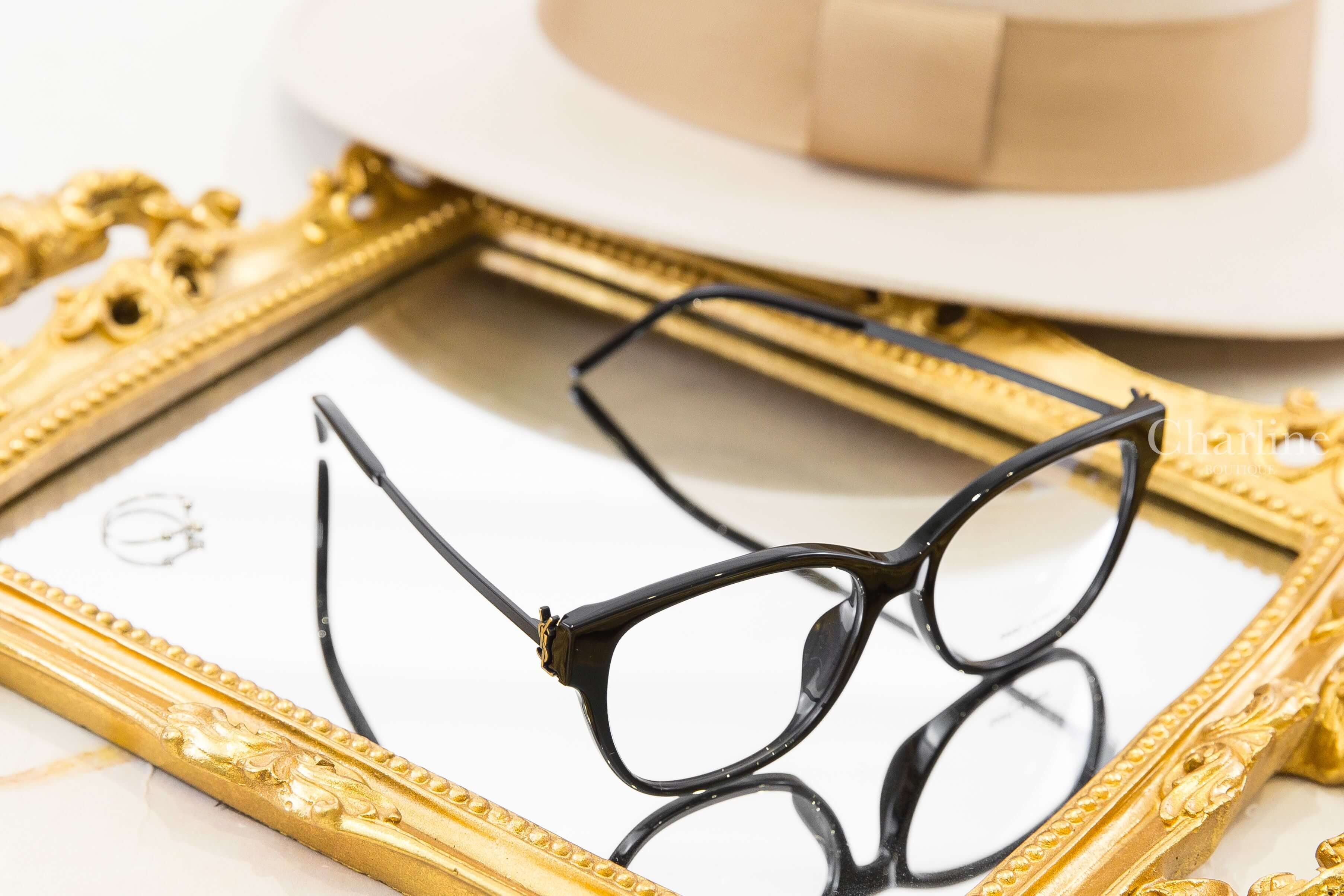 Saint Laurent SL M480 黑色方框側邊金字霧面黑拼接鏡腳平光眼鏡 側前方角度與展開鏡腳造型
