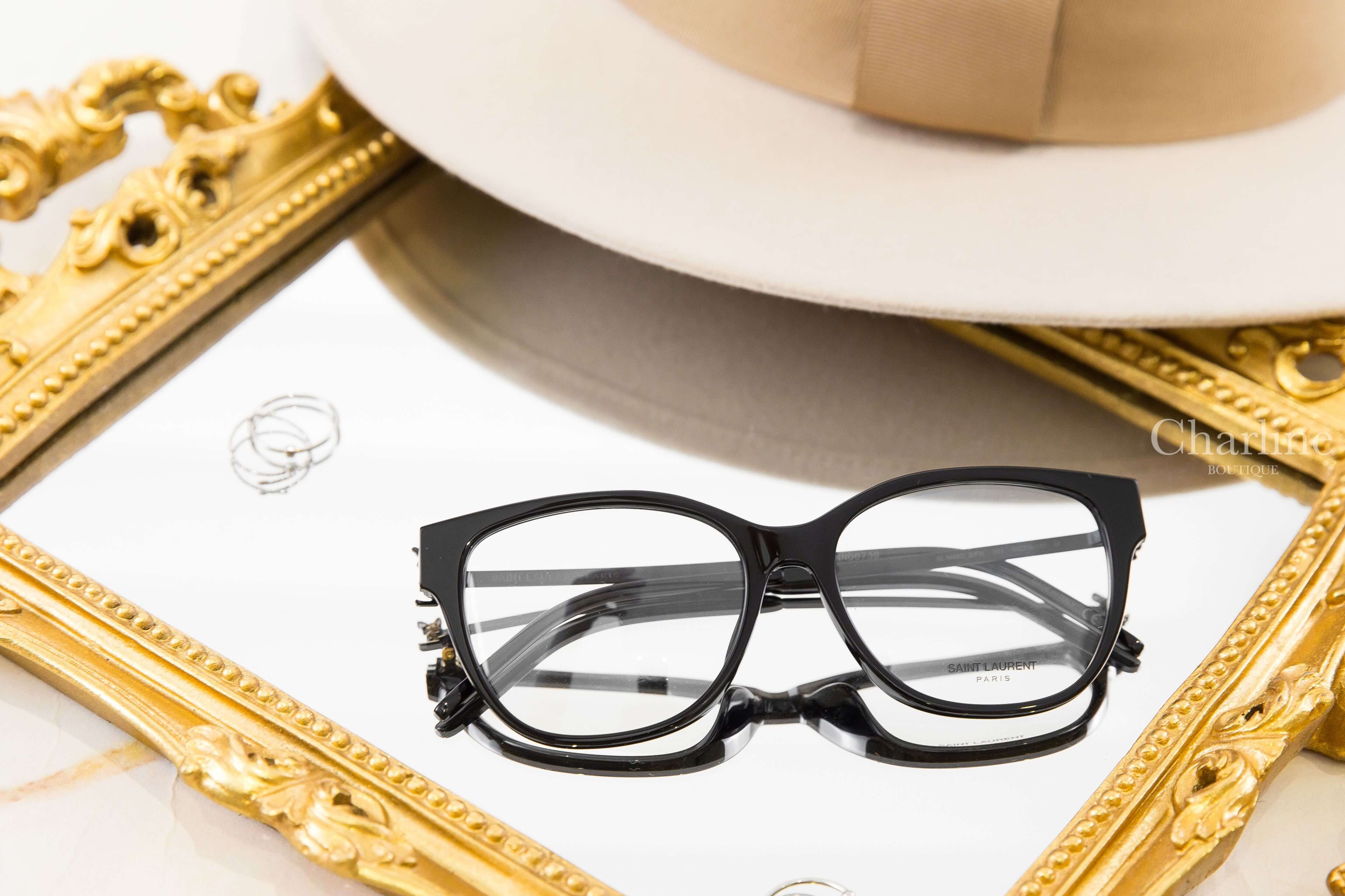 Saint Laurent SL M480 黑色方框側邊金字霧面黑拼接鏡腳平光眼鏡 正面黑色方框鏡框與透明鏡片展示