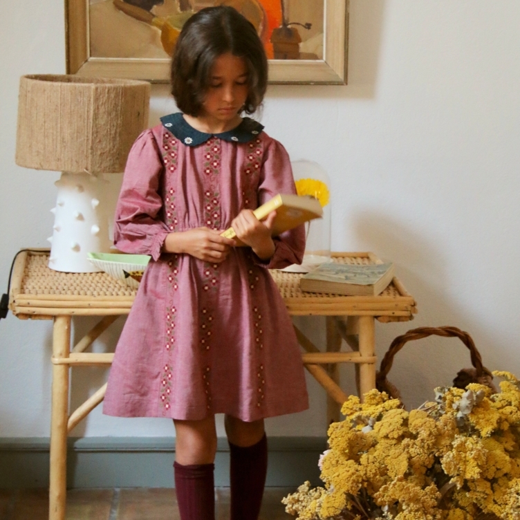 BONJOUR DIARY 條紋花卉撞色領洋裝 Embroidered dress - Red chambray