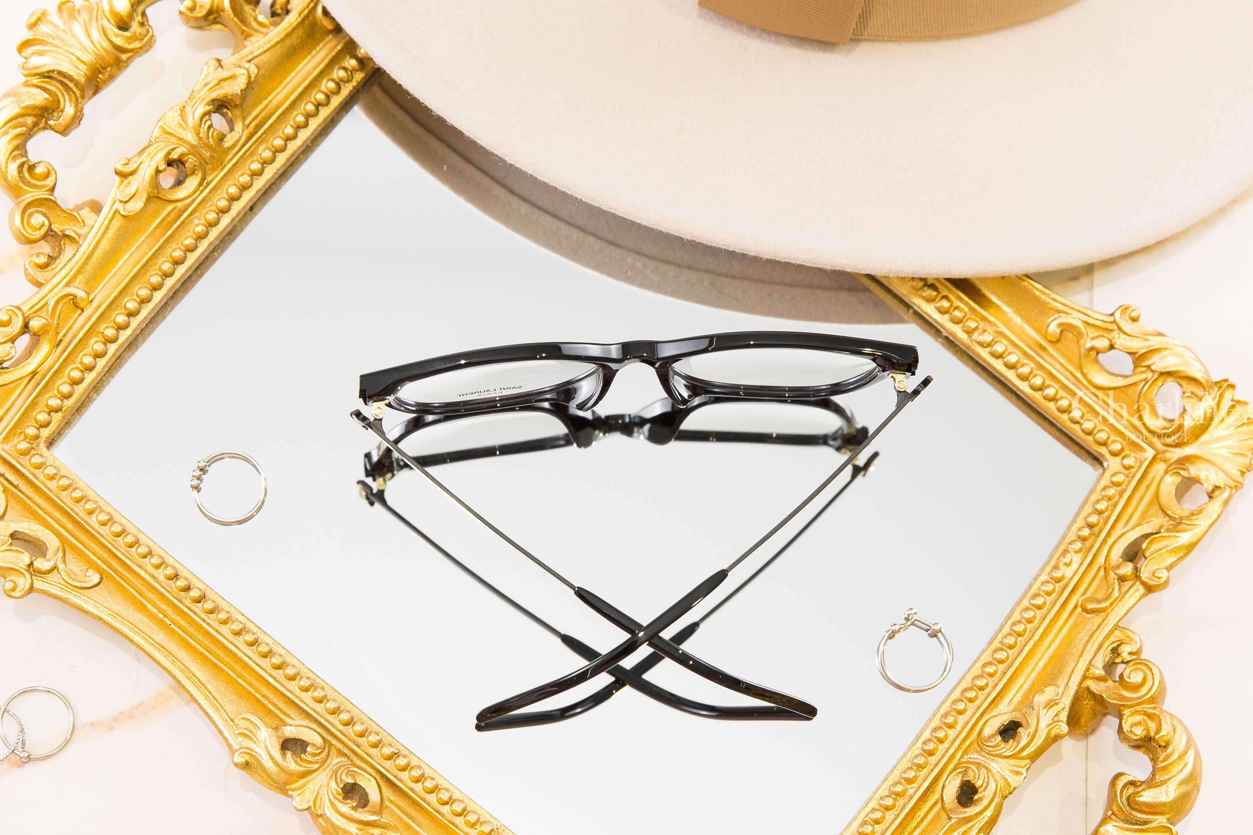 Saint Laurent SL M480 黑色方框側邊金字霧面黑拼接鏡腳平光眼鏡 上方視角與展開鏡腳整體結構