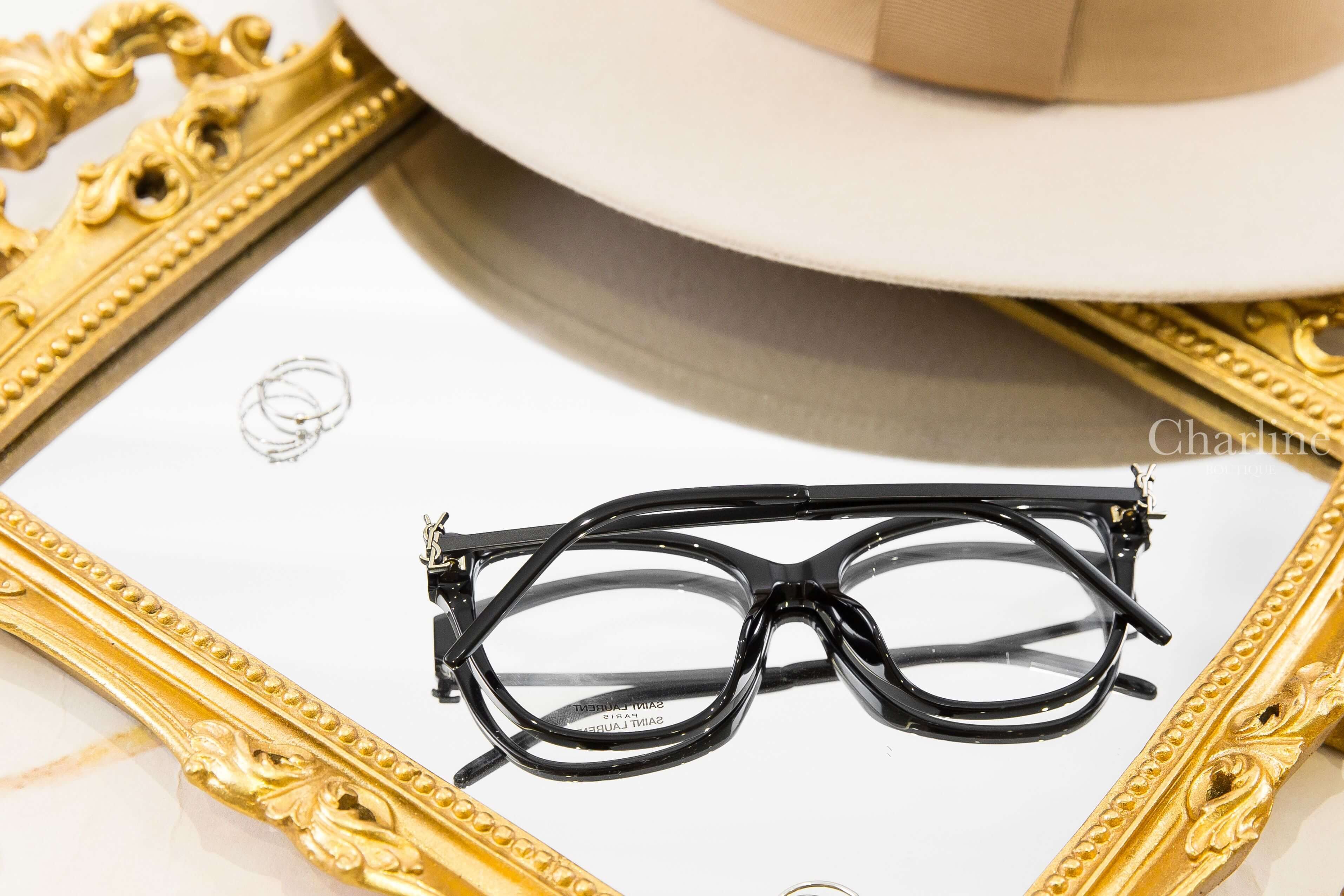 Saint Laurent SL M480 Eyeglasses 黑色方框側邊金字霧面黑拼接鏡腳平光眼鏡