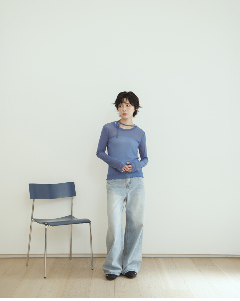 Asymmetrical tie-up elastic mesh top - blue【01099939】in stock+pre-order