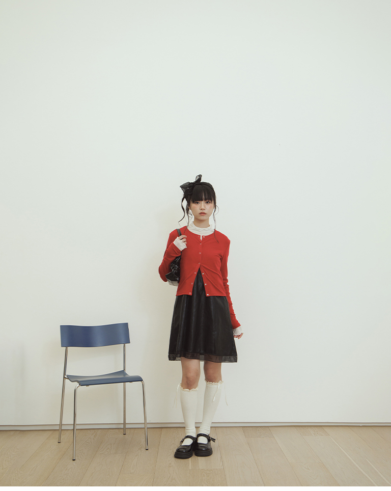 Plain snap-button elastic long-sleeved top - red【01200027】in stock+pre-order