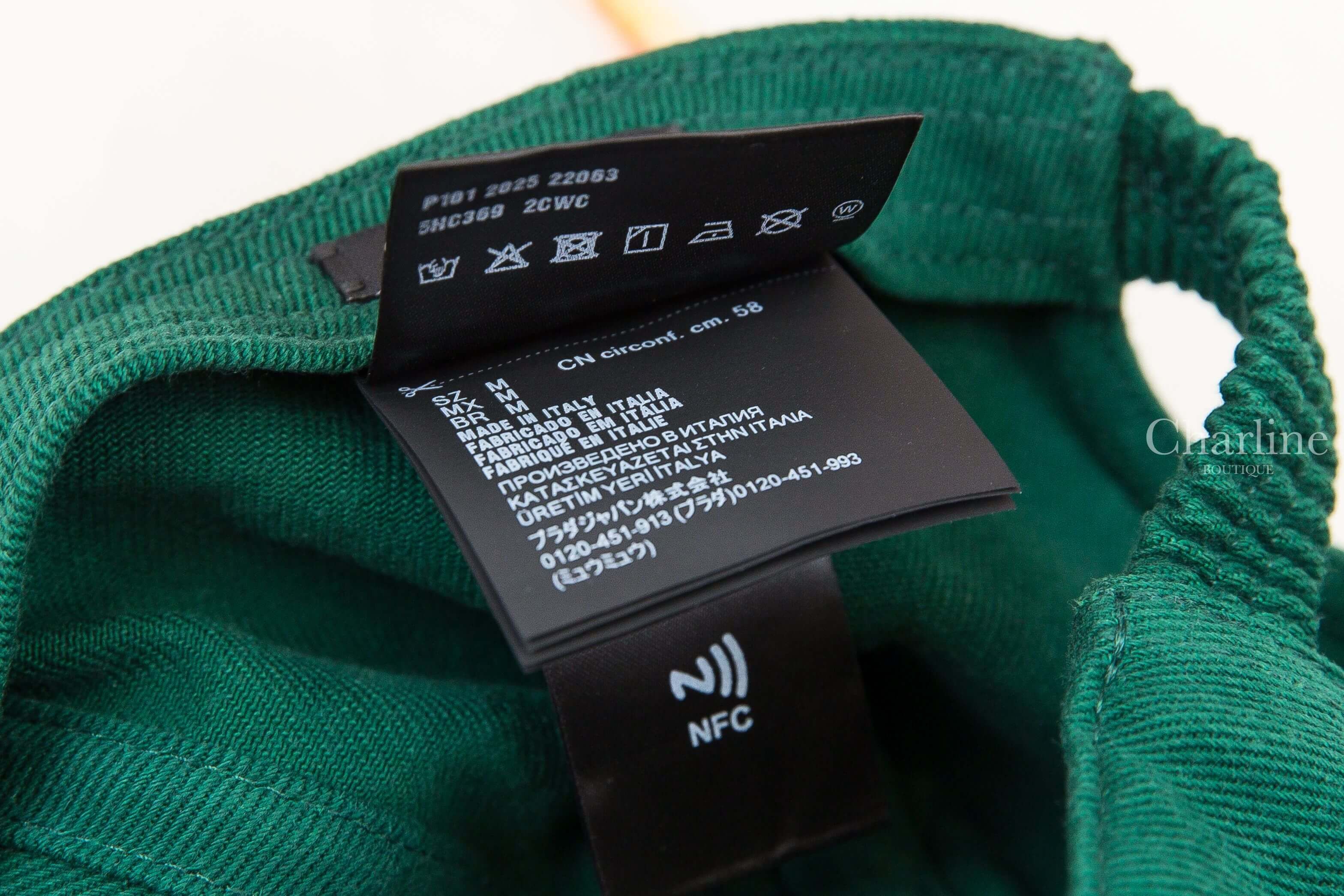Miu Miu Drill Baseball Cap 撞球綠/軟木色刺繡字母拼色帽簷棉質棒球帽 內側尺寸產地洗標與NFC標籤