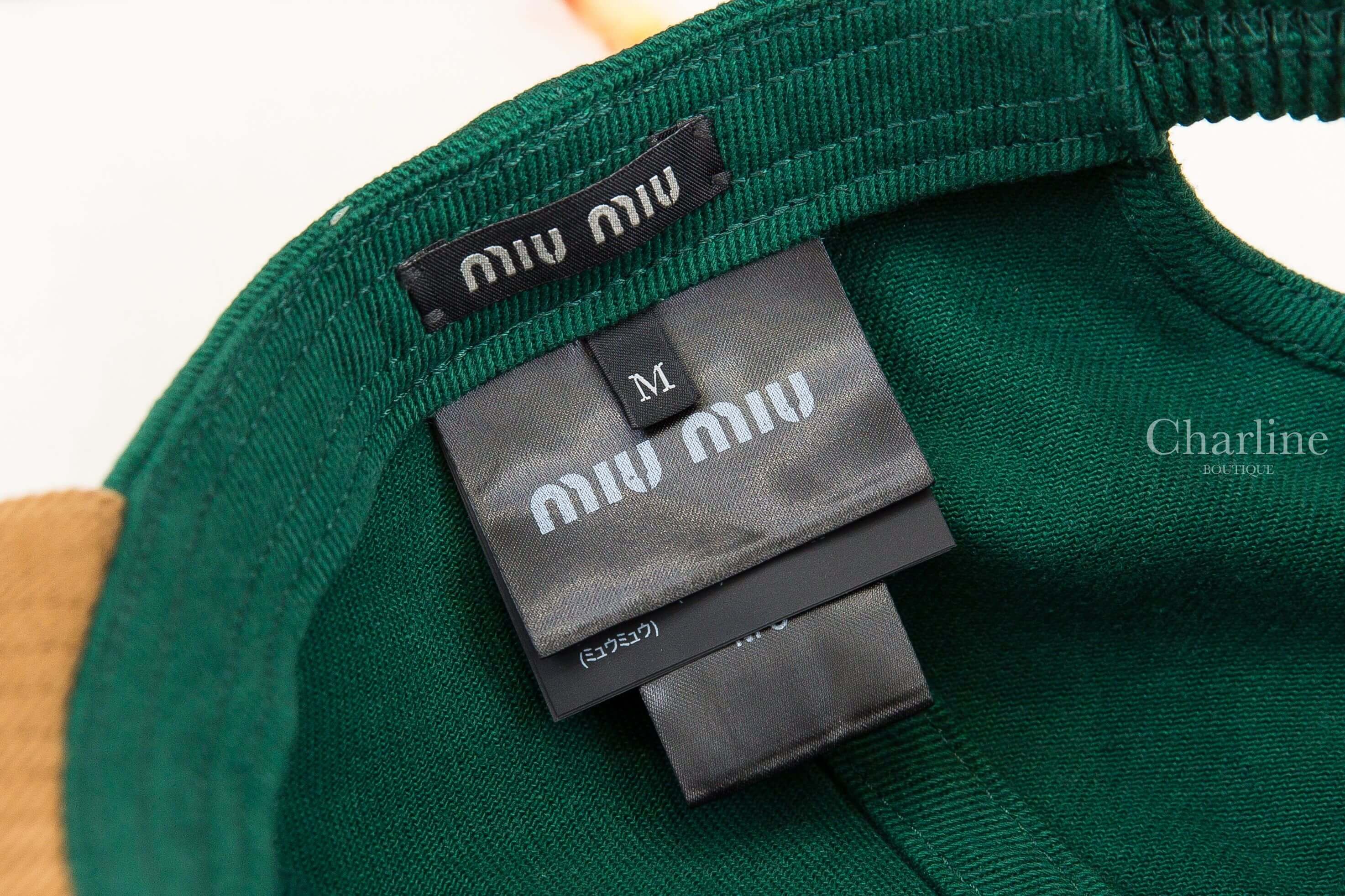 Miu Miu Drill Baseball Cap 撞球綠/軟木色刺繡字母拼色帽簷棉質棒球帽 帽內Miu Miu品牌標與M尺寸標籤