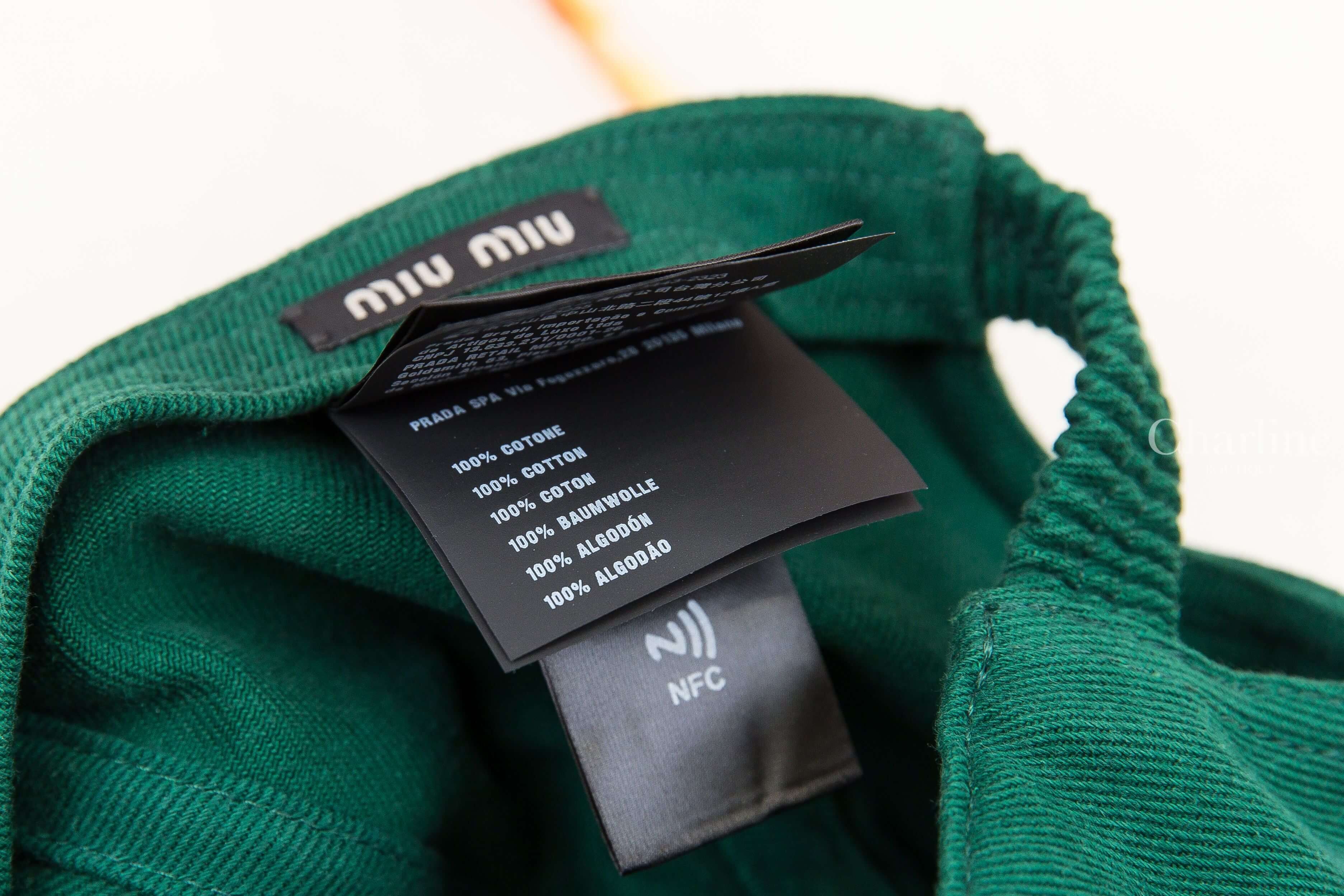 Miu Miu Drill Baseball Cap 撞球綠/軟木色刺繡字母拼色帽簷棉質棒球帽 內側100%棉材質洗標與NFC標籤