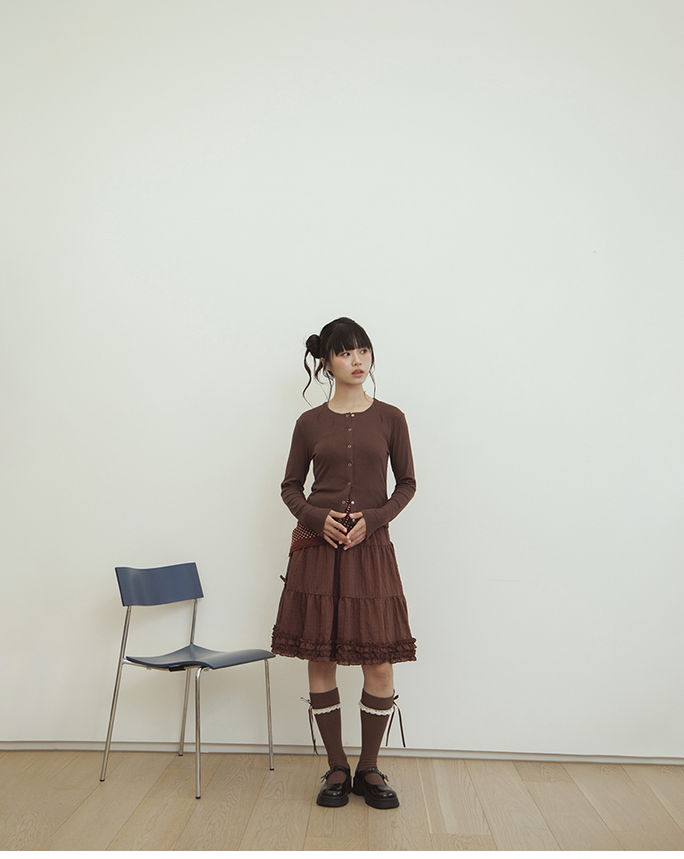Plain snap-button elastic long-sleeved top - coffee【01200029】in stock+pre-order