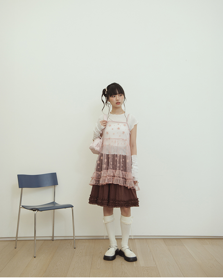 Star-patterned flocked ruffle mesh cover-up vest - Pink【01200058】in stock+pre-order