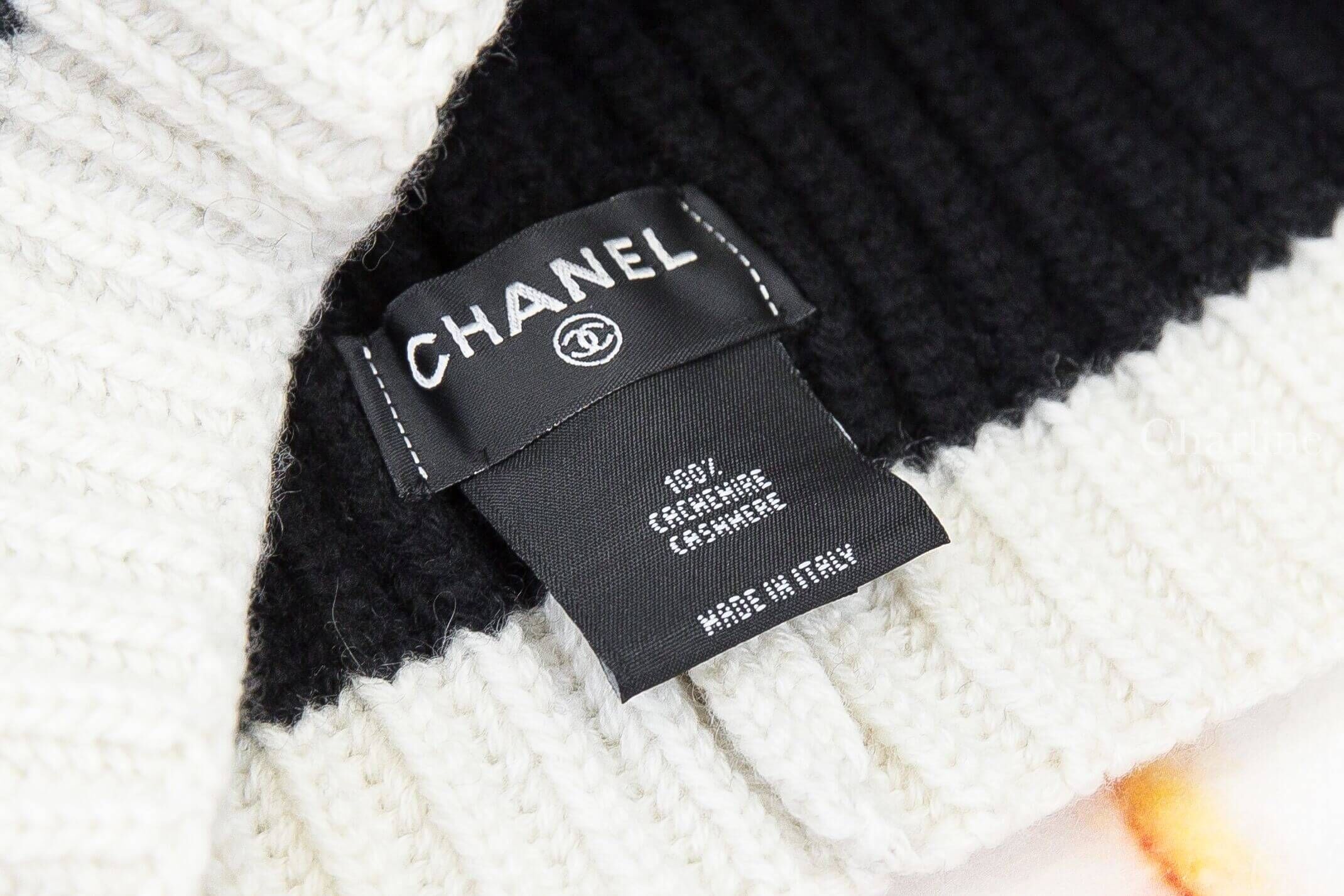 Chanel Beanie 黑色針織拼白色立體CC喀什米爾針織毛帽 CHANEL品牌標籤與喀什米爾材質標示特寫