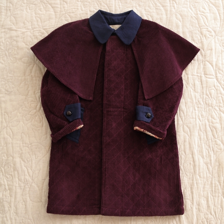 BONJOUR DIARY 燈芯絨菱格紋披肩領風衣 Trench coat - Burgundy corduroy / navy denim collar