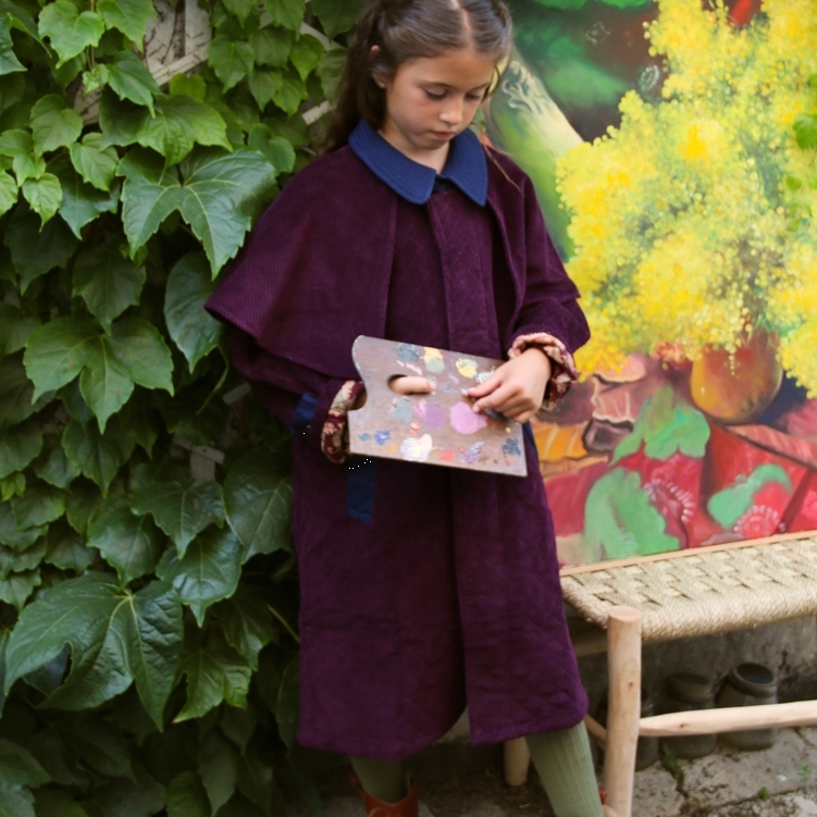 BONJOUR DIARY 燈芯絨菱格紋披肩領風衣 Trench coat - Burgundy corduroy / navy denim collar