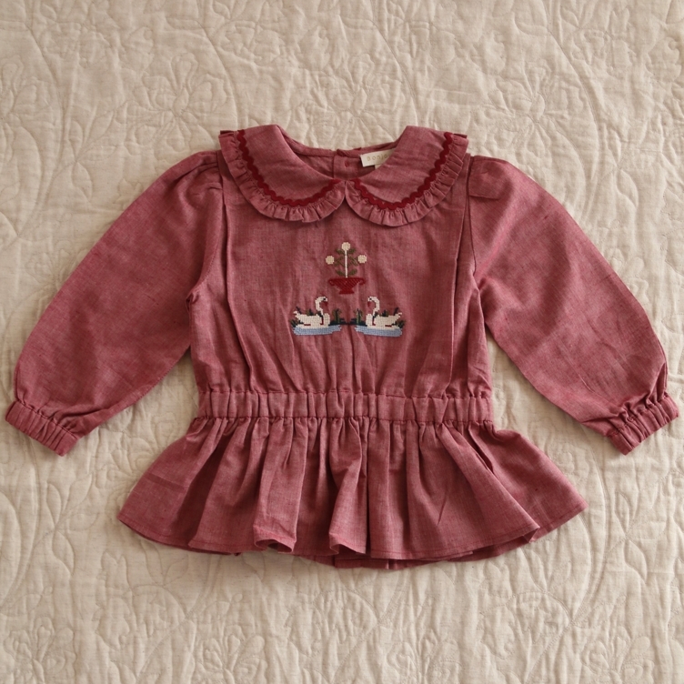BONJOUR DIARY 天鵝鬆緊腰上衣 Blouse - Red chambray