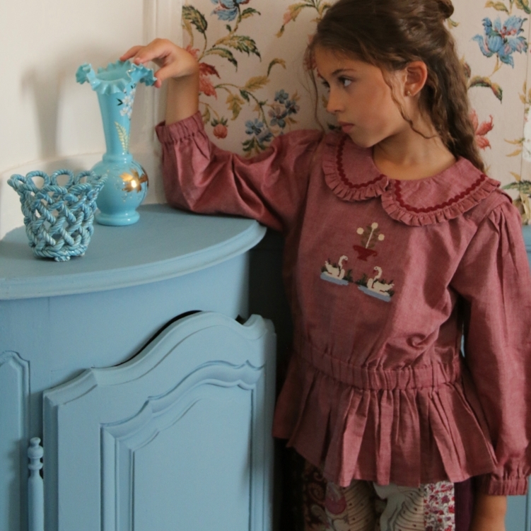 BONJOUR DIARY 天鵝鬆緊腰上衣 Blouse - Red chambray